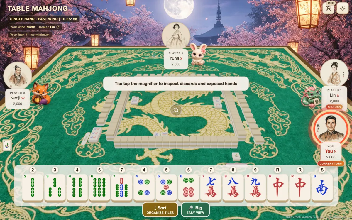 A four-player Table Mahjong table: your tiles along the bottom, three opponents seated left, top and right, each labelled with a seat wind, and the dealer marked.