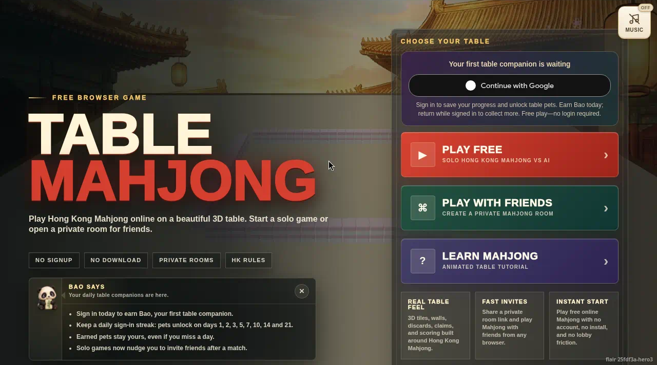 The Table Mahjong start screen with Play Free and Play with Friends options