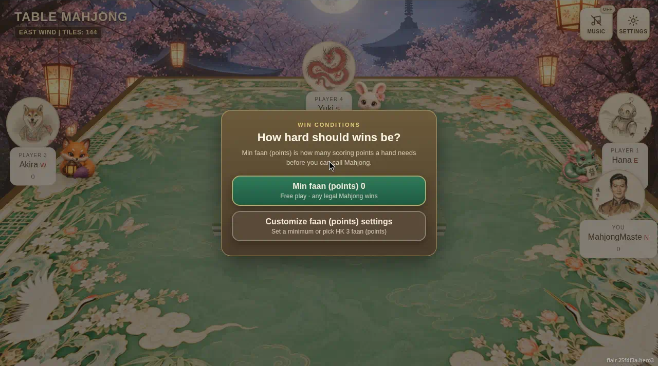 Win conditions screen showing minimum faan set to 0 and a Customize option