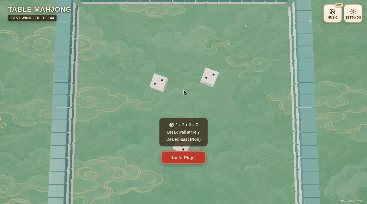 Three dice rolled at the table with a Let’s Play button