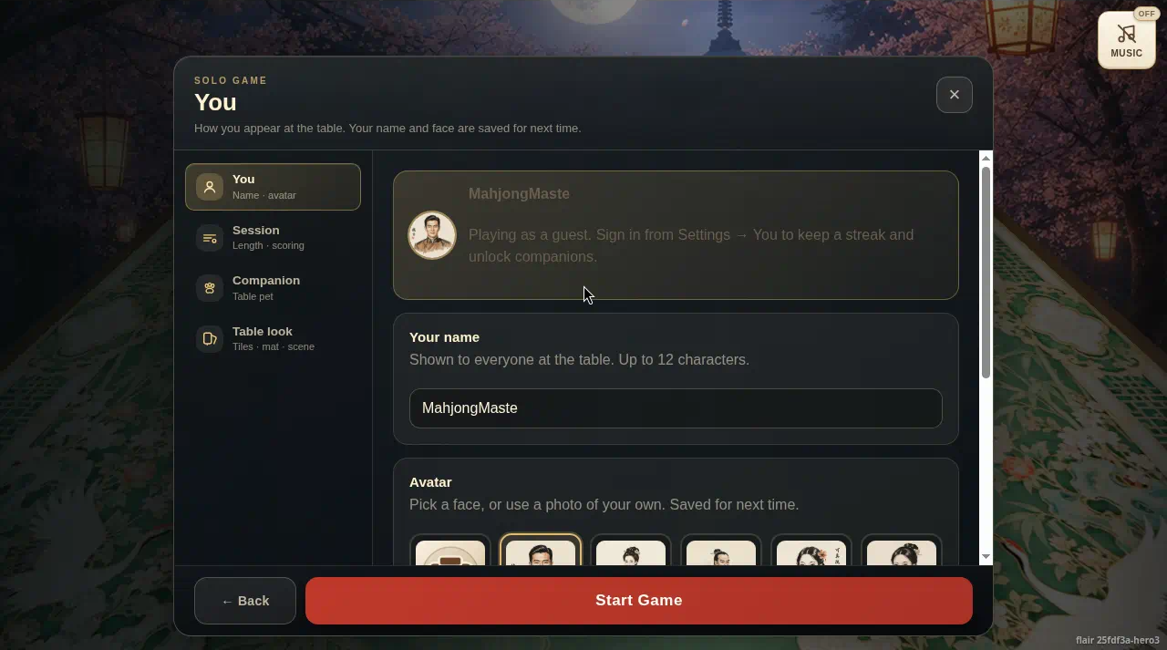 Profile settings with name field and face or photo choices