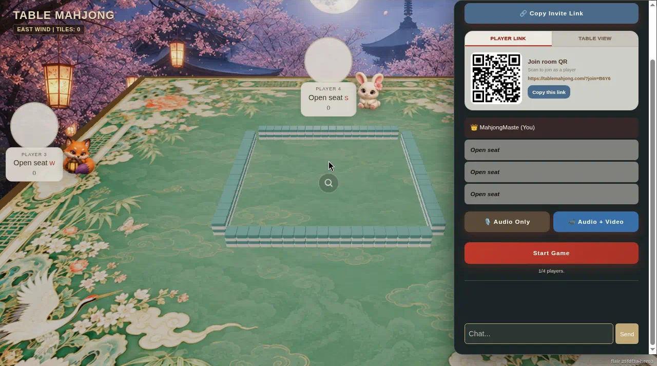 Friends room lobby with invite link, QR code, audio and video options, and chat