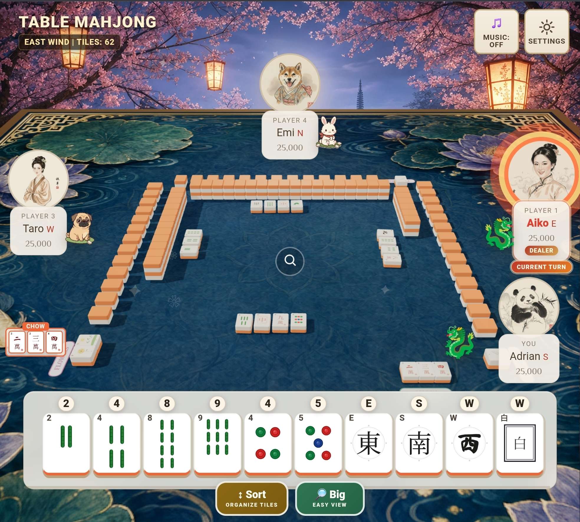 A real Table Mahjong game showing Cantonese Mahjong tiles, four player seats, discards, and browser controls.